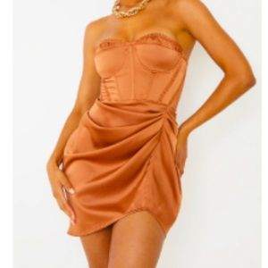 PLT Mocha Satin Bandeau Corset Dress